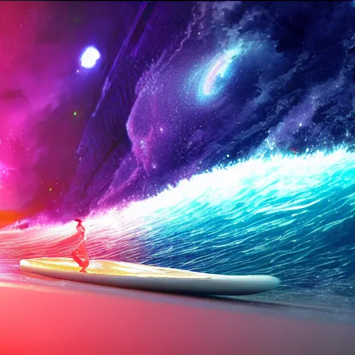 Image similar to photo of a alien surfing a surfboard on a crashing l wave of alien ocean in space, background is an alien galaxy, aliens in the background, alien colors, octane render, unreal engine, wide view, 8 k, high detaild