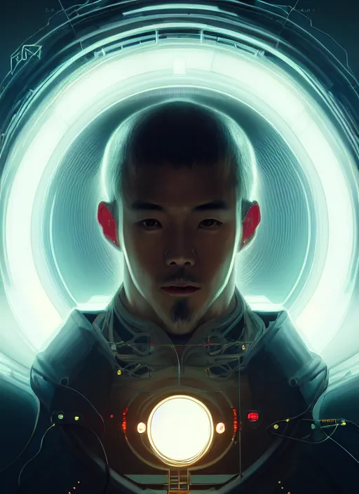 Image similar to symmetry!! portrait of japanese man, tech wear, glowing lights!! intricate, cyberpunk, elegant, highly detailed, digital painting, artstation, concept art, smooth, sharp focus, illustration, art by artgerm and greg rutkowski and alphonse mucha