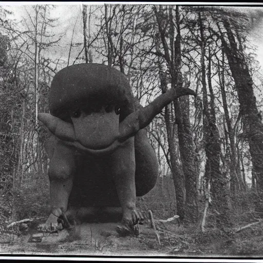 Image similar to scary unproportionally large creature in the woods, 1900s picture