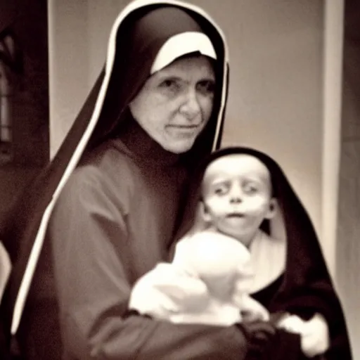 Prompt: a nun sitting in church holding a demonic baby on her lap