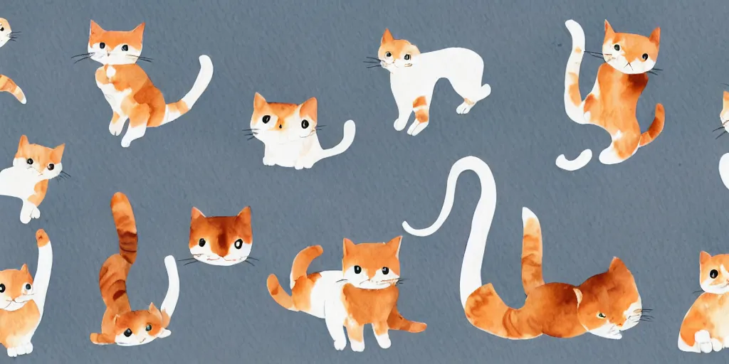 Image similar to watercolor illustration style, cute cats training in the fitness studio