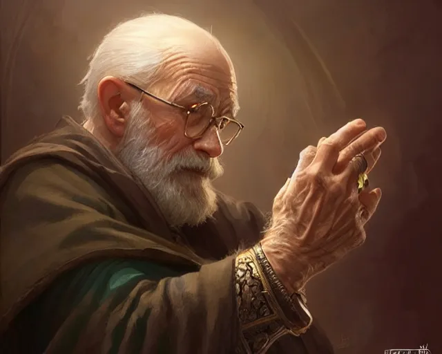 Image similar to old man with a ring on each finger, deep focus, d & d, fantasy, intricate, elegant, highly detailed, digital painting, artstation, concept art, matte, sharp focus, illustration, hearthstone, art by artgerm and greg rutkowski and alphonse mucha