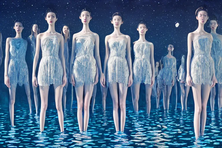 Image similar to 3 d, close - up, night, group of fashion models standing in a night lake with their hands raised to the bright moon, moon ryas, vogue cover style, intricate oil painting, high detail, figurative art, multiple exposure, poster art, 3 d, by stanley kubrick and tooth wu and wlop and beeple