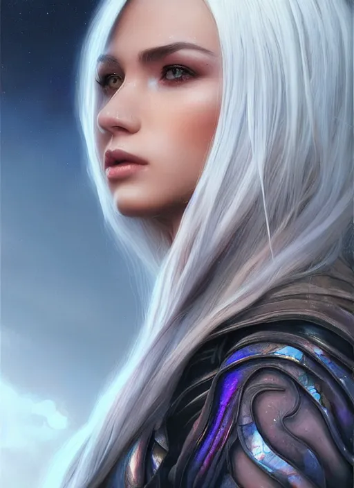 Image similar to girl with iridescent silver hair, beautiful highly detailed face, complementary lighting, backlit, eyeshadow, divine, dramatic lighting, landscape background, beautiful painting by artgerm and greg rutkowski and raymond swanland