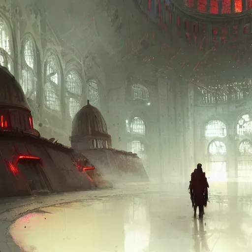 Image similar to concept art by greg rutkowski, a futuristic large inner garden under a great dome, desolate, covered in reddish slime on all sides, uncanny atmosphere, low light, scary atmosphere, scifi, highly detailed portrait, digital painting, artstation, concept art, smooth, sharp foccus ilustration, artstation hq