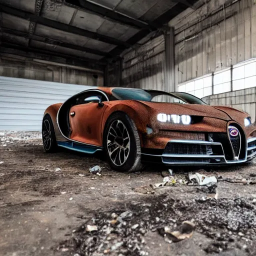 Image similar to an abandoned, derelict, rusty bugatti chiron in a dirty warehouse