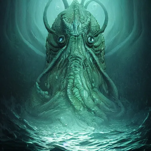 Image similar to sea beast of the depths in the style of michael whelan and h. p. lovecraft. hyperdetailed photorealism by greg rutkowski