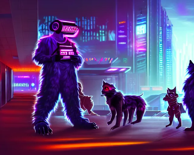 Image similar to high - resolution photograph from a cyberpunk era furry fandom convention ( midwest furfest 2 0 4 7 ), taking place after the genetic revolution and quantum singularity. photorealistic.