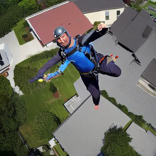 Image similar to base jumping, roof of suburban house, tv news report