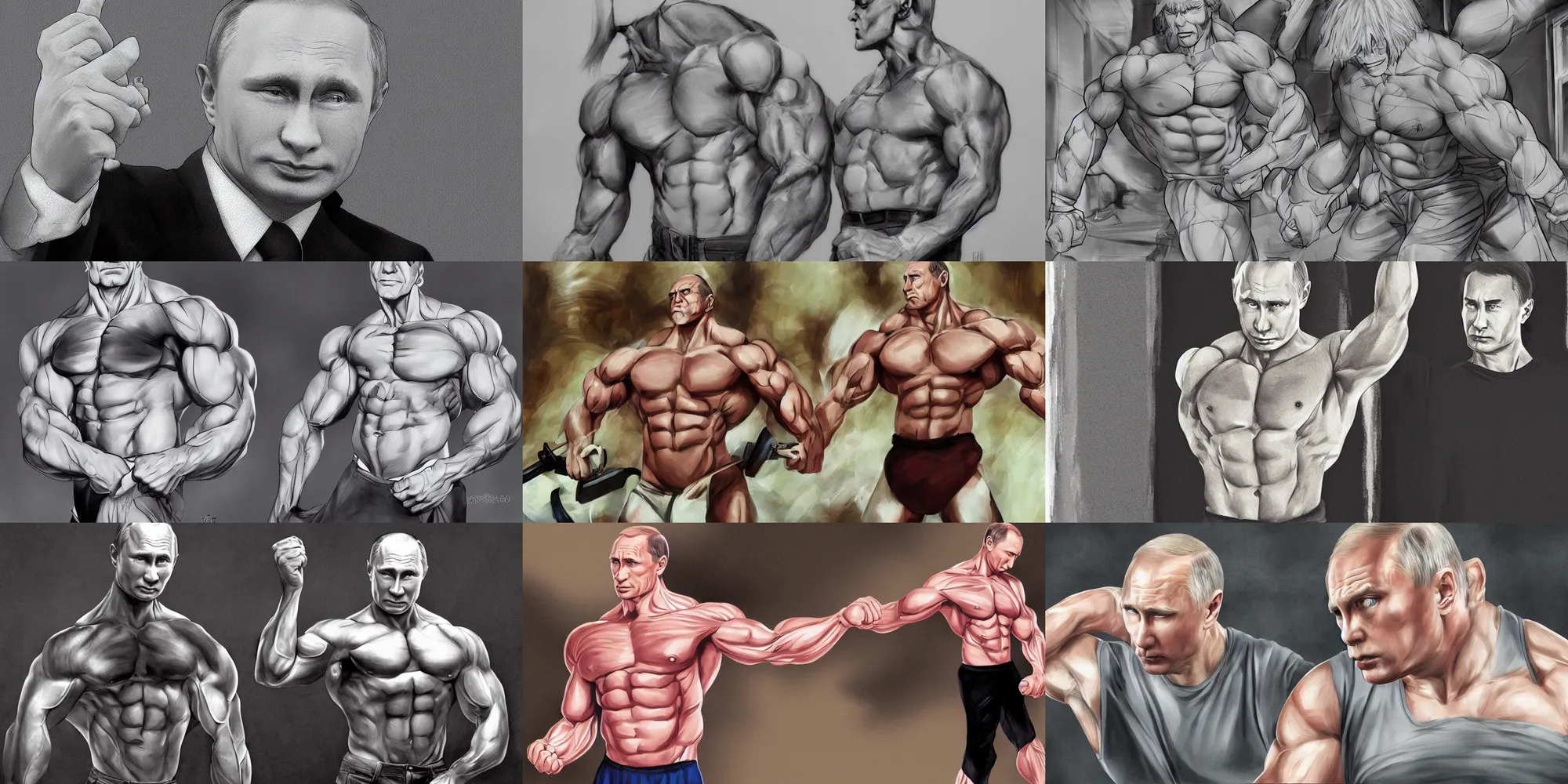 Prompt: vladimir putin, big muscles, anime, illustration, hyper realistic