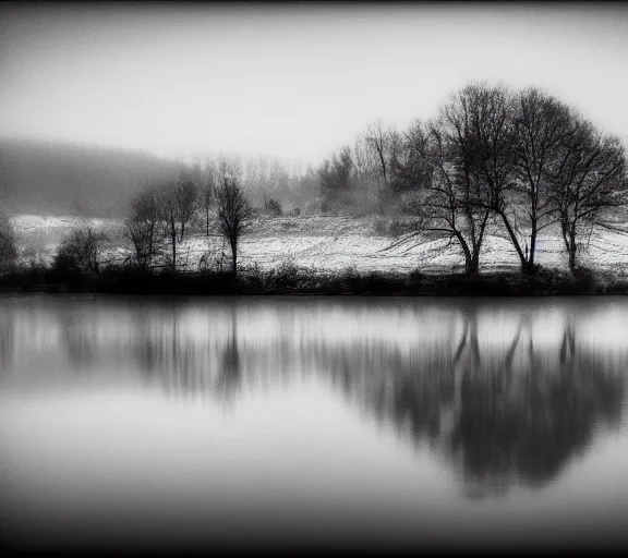 Prompt: lake by Andrei Tarkovsky, mist, mountains, lomography photo effect, monochrome, scratches