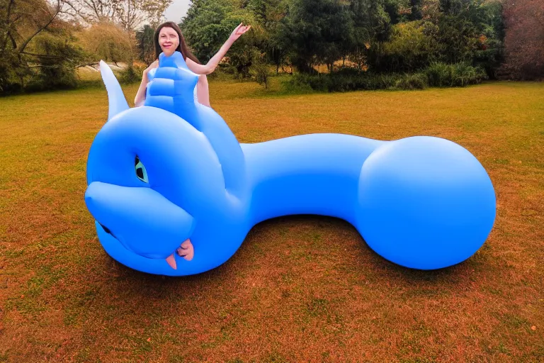 Prompt: an anthropomorphic blue dragon wearing a big and round inflatable blue ball suit, photo, 4K