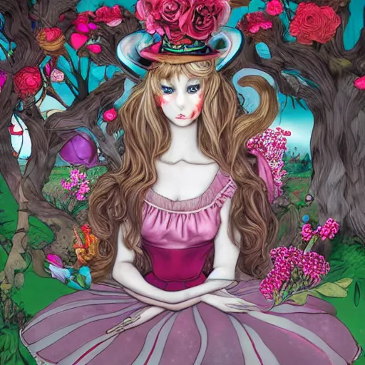 Image similar to Alice in Wonderland at the tea party with Mad Hatter, surrounded by red and white roses, bioluminescent fungi and gnarled trees, digital illustration, inspired by Aeon Flux, Japanese shoujo manga, pre-raphaelite, Takashi murakami, hyper detailed, phantasmagoric, muted and pastel shades, image composition by Möbius, extremely fine linework