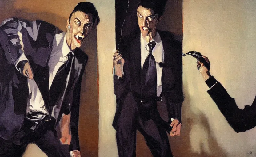 Image similar to a thin man wearing a suit screams and jumps over a telephone in a dark, 1980s living room, painted by phil hale, highly detailed