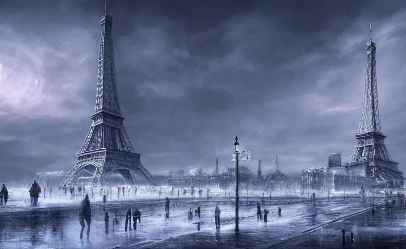 Image similar to nuclear winter, paris, near future, fantasy, sci - fi, hyper realistic, serene.