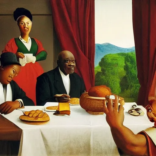 Image similar to the king of zimbabwe having imperial breakfast with his guest dignitaries by Raphael, Hopper, and Rene Magritte. detailed, romantic, enchanting, trending on artstation.