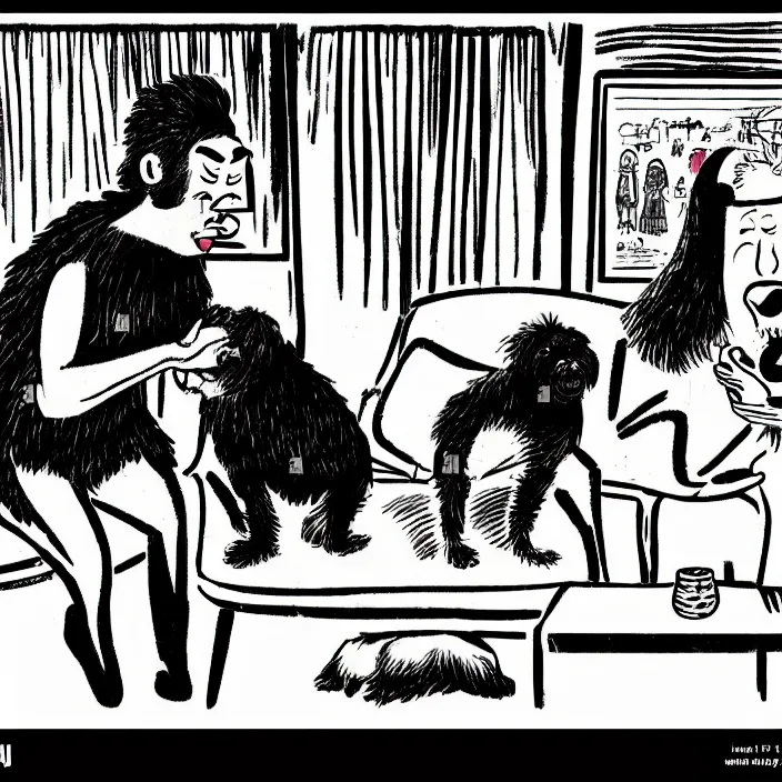 Image similar to a still frame from comic strip, person playing with a black hairy furry dog 1 9 5 0, herluf bidstrup, new yorker illustration, monochrome contrast bw, lineart, manga, tadanori yokoo, simplified,