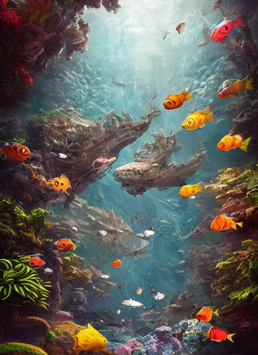 Image similar to people observing lots of beautiful fish in an underground aquarium corridor, in the style of frank neidhardt, fantasy art, ray tracing, water droplets, highly detailed, artstation trend, highly detailed and intricate, sharp focus, photography, unreal engine 5