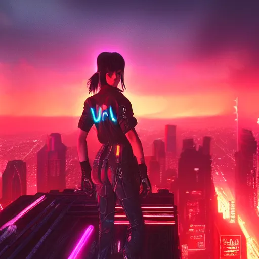 Prompt: « glowing neon lights, sunrise, cyberpunk, alita battle angel, blade runner, rainy, cold, clouds, far view, photorealistic, unreal engine 5, attractive girl sharp focus »