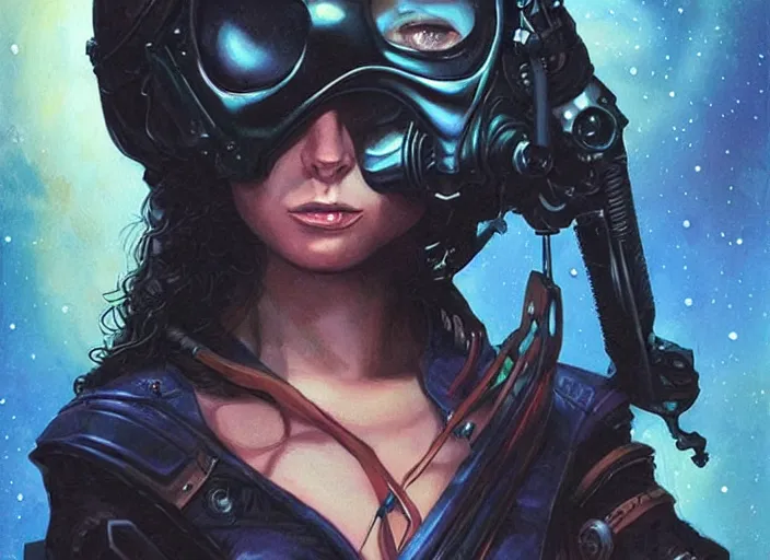 Image similar to portrait of female space pirate, night sky background, beautiful! coherent! by brom, deep color, strong line, high contrast