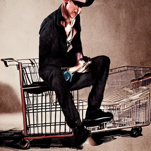 Image similar to nick valentine is sitting in a shopping cart