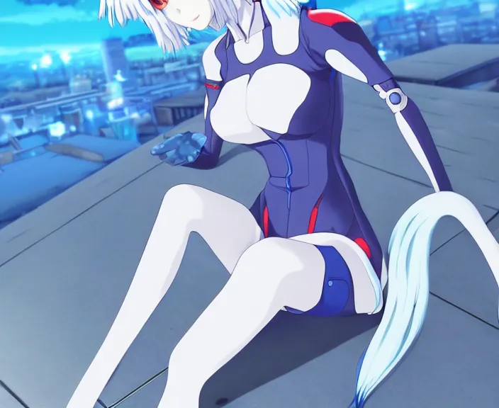 Image similar to anime art, fullbody shot of female rei ayanami, evangelion, long blue hair and large eyes, finely detailed perfect face, in a pale skintight plugsuit, sitting on rooftop, flooded city, trending on pixiv fanbox, by ilya kuvshinov, sola digital arts,, raytracing