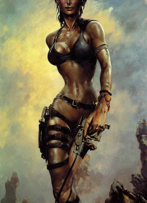 Prompt: oil painting of lara croft by frank frazetta alluring