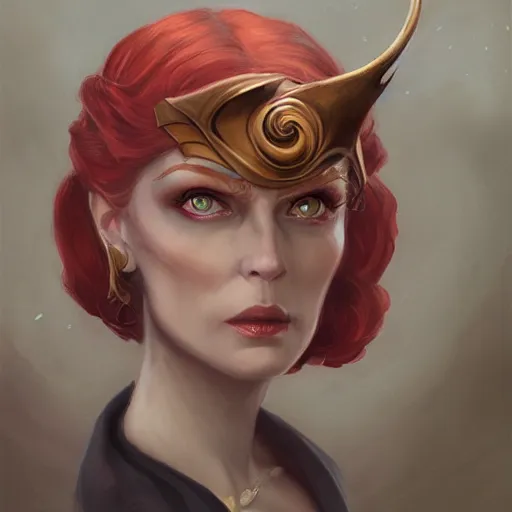 Prompt: a detailed matte head - on portrait painting of an middle - aged tiefling elegant and distinguished noblewoman with golden eyes and short long flowing red hair, by charlie bowater, lise deharme, wlop, tending on arstation, dungeons and dragon, dnd, pathfinder, fanart, oil on canvas