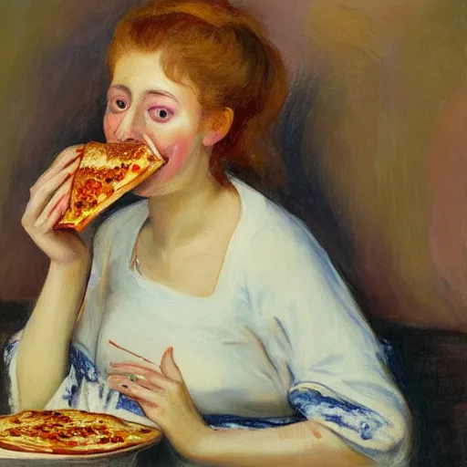 Image similar to A beautiful print of a young lady with a serious case of the munchies, eating an entire pizza while sitting in front of an open refrigerator. body paint by Harriet Backer, by Go Nagai funereal