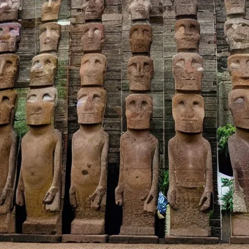 Image similar to people praying to an easter island statue, highly detailed, intricate