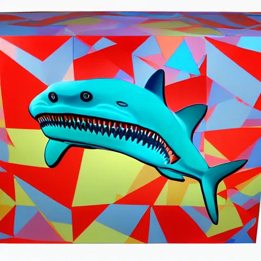 Image similar to glowing 1975 godly London polygon shark oasis drawer flora , by Jeff Koons and George Lucas and Georgia O'Keeffe , lowbrow , quantum wavetracing , cluttered