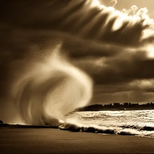 Image similar to photograph of a big incoming wave taken from the promenade, dramatic, looming, hyperrealistic