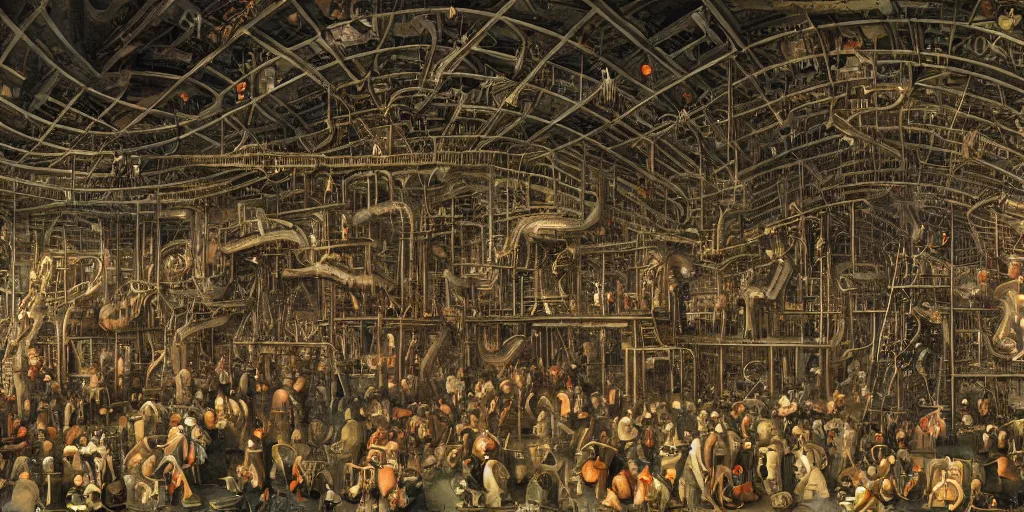 Prompt: interior of a nightmarish boiler room megastructure in the style of heironymus bosch, intricate masterpiece, hyper detailed, hd