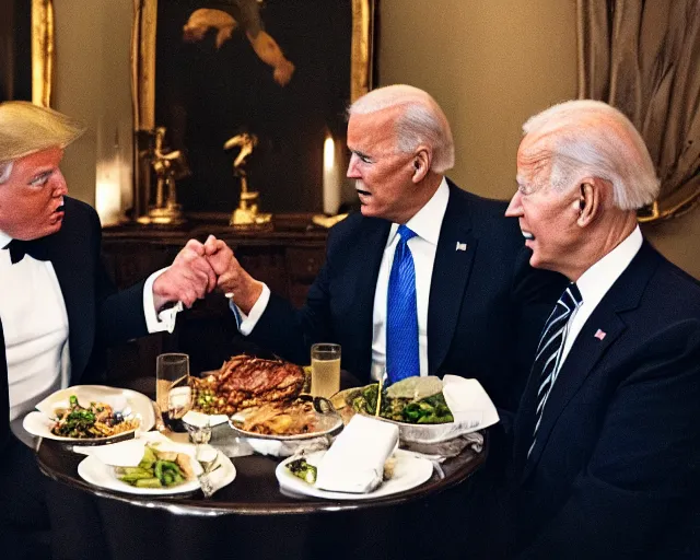 Image similar to Trump and Biden having dinner at a fancy Greek restaurant, award winning cinematic photography, 50 mm, blurred background, trending on twitter