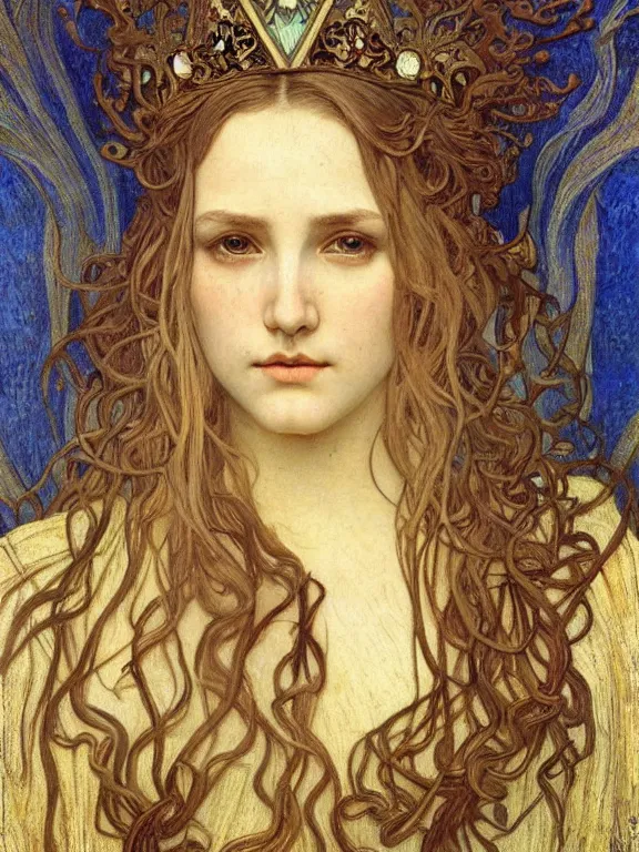 Image similar to detailed realistic beautiful young medieval queen face portrait by jean delville, alphonse mucha, vincent van gogh, and marco mazzoni, art nouveau, symbolist, visionary, gothic, pre - raphaelite