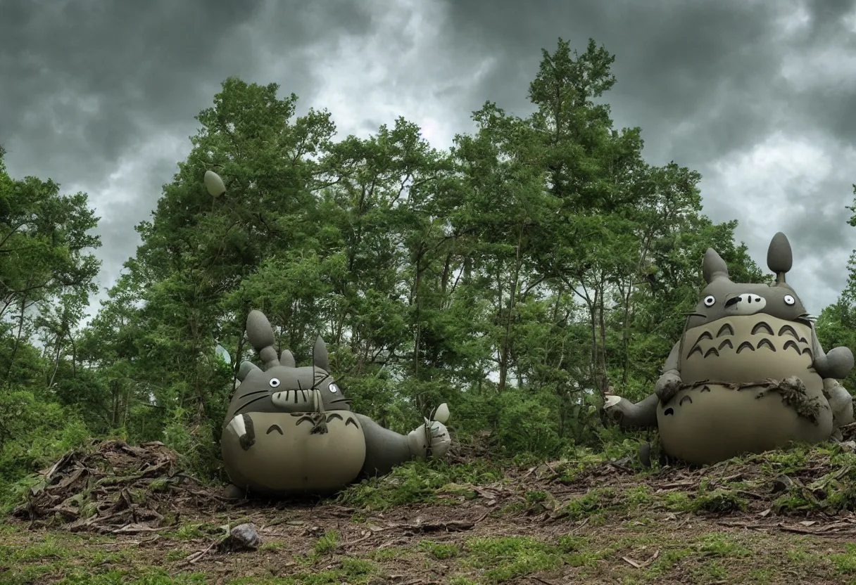 Image similar to my neighbor totoro looks like a simple tank, post apocalyptic style. fox holes. colorized, shot on film, wide angle, stormy sky, trees