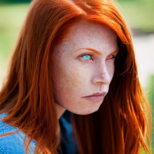 Image similar to close up portrait photo of the left side of the face of a redhead woman with blue eyes who looks directly at the camera. Slightly open mouth, face covers half of the frame, with a park visible in the background. 135mm nikon. Intricate. Very detailed 8k. Sharp. Cinematic post-processing. Award winning photography