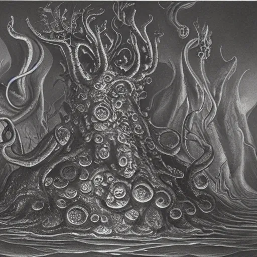 Image similar to lovecraftian shoggoth, illustrated matte painting of a progressive rock album cover, 1 9 7 0 s