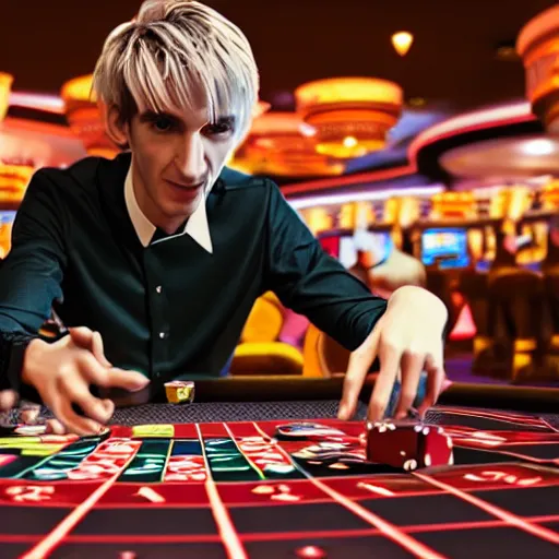 Image similar to film still of xqc gambling in Vegas, 4k, photorealism, artstation style