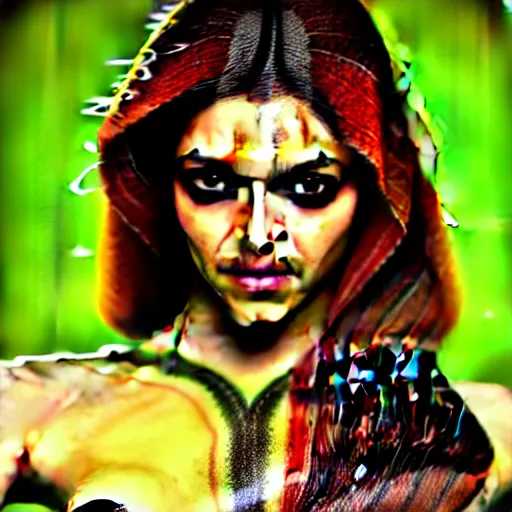 Image similar to A beautiful portrait of Deepika Padukone as Poison Ivy from Batman as a Versace fashion model Spring/Summer 2010, highly detailed, in the style of cinematic, Getty images, Milan fashion week backstage, Makeup by Pat McGrath, Hair by Guido Palau,Greg rutkowski