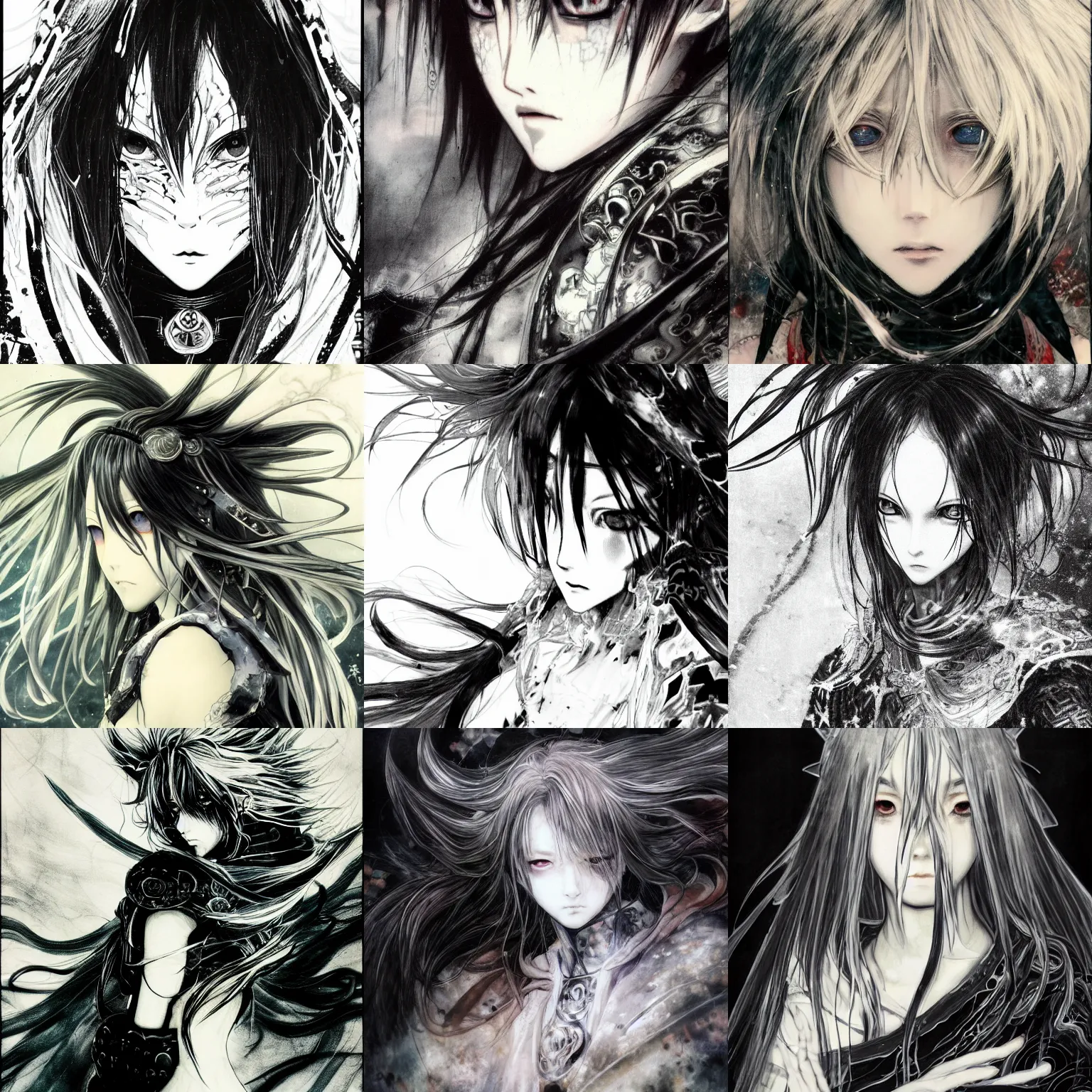 Prompt: Yoshitaka Amano blurred and dreamy illustration of an anime girl, black eyes, wavy white hair merging with the background, cracks on face, elden ring armour with the cloak, abstract black and white patterns on the background, noisy film grain effect, highly detailed, Renaissance oil painting, weird portrait angle, three quarter view