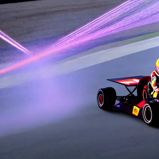 Prompt: young go - kart racer taking a corner at speed on a race track, motion blur lights, laser, smoke, debris, fast movement, light streaks, dark mood, night time, formula 1