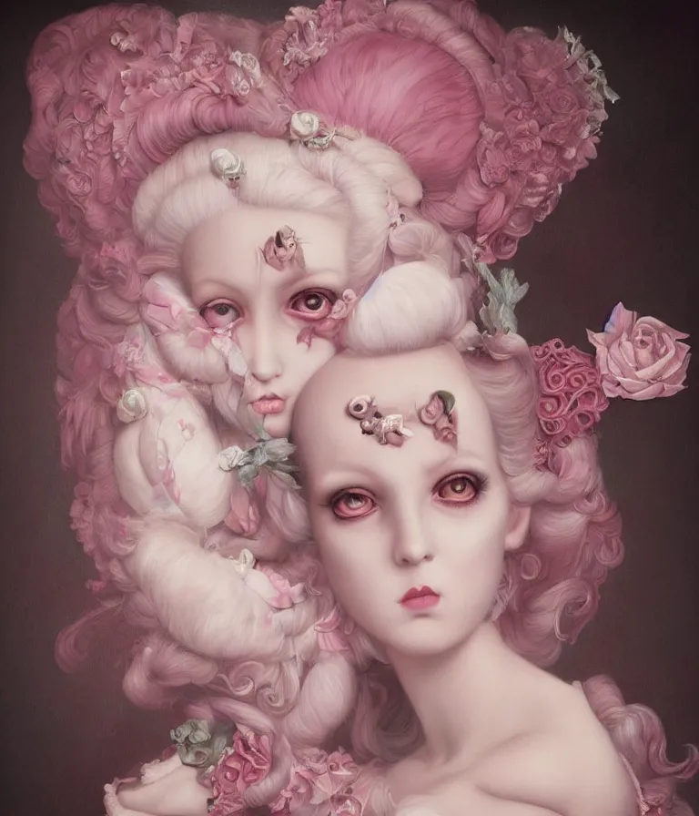 Image similar to pop surrealism, lowbrow art, realistic marie antoinette girl painting, pink body harness, hyper realism, muted colours, rococo, natalie shau, loreta lux, tom bagshaw, mark ryden, trevor brown style