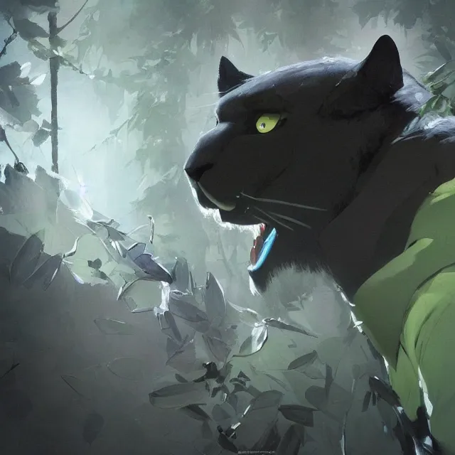 Image similar to a beautiful painting of a handsome anthropomorph panther furry fursona wearing an uniform. gray fur, green and black anime hair. character design by cory loftis, fenghua zhong, ryohei hase, ismail inceoglu and ruan jia. artstation, volumetric light, detailed, photorealistic, rendered in octane