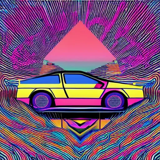 Prompt: hi this is flume flow album LP cover flume Jonathan Zawada style vibrant colours delorean covered in stickers