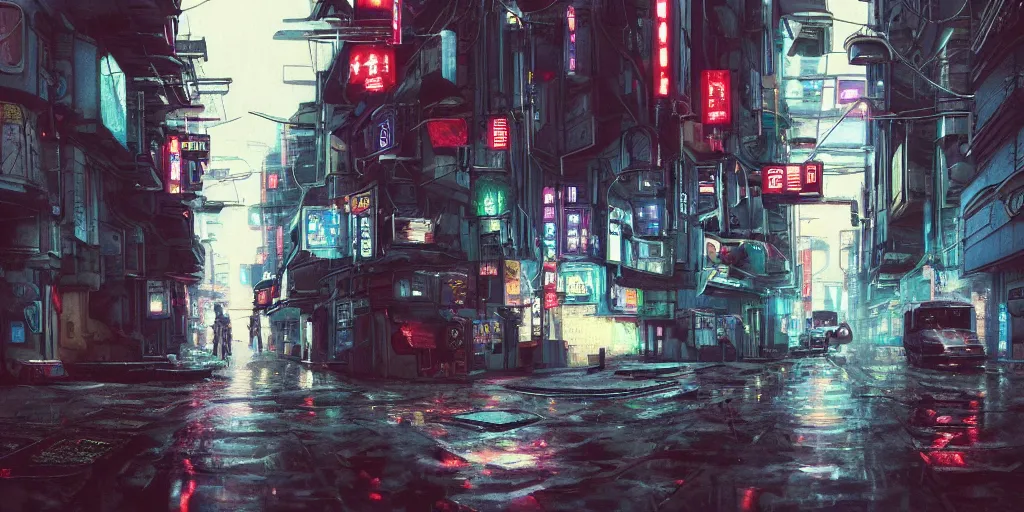 Prompt: Cyberpunk back alley with a futuristic car in the foreground on a rainy day in Japan, low angle view, detailed matte painting, cinematic, Simon Stalenhag, Artstation