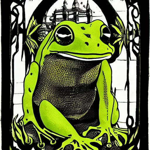 Image similar to frog, king of the jungle, ruler over all, gothic cathedral - g