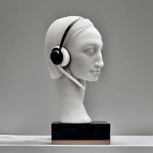 Image similar to a marble sculpture, using headphones in the bathroom