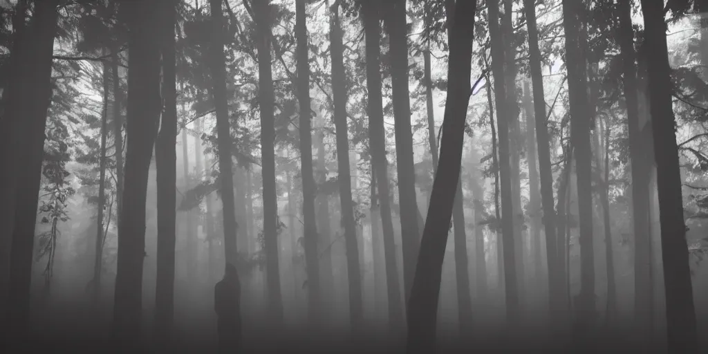 Prompt: silhouette tall spirits standing in the mist with glowing eyes in the dark northern California woods at night