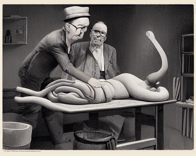 Image similar to the famous snake oil salesman Uncle Aloysius curing a patient of their bearishness, painting by Grant Wood, 3D rendering by Beeple, sketch by R. Crumb
